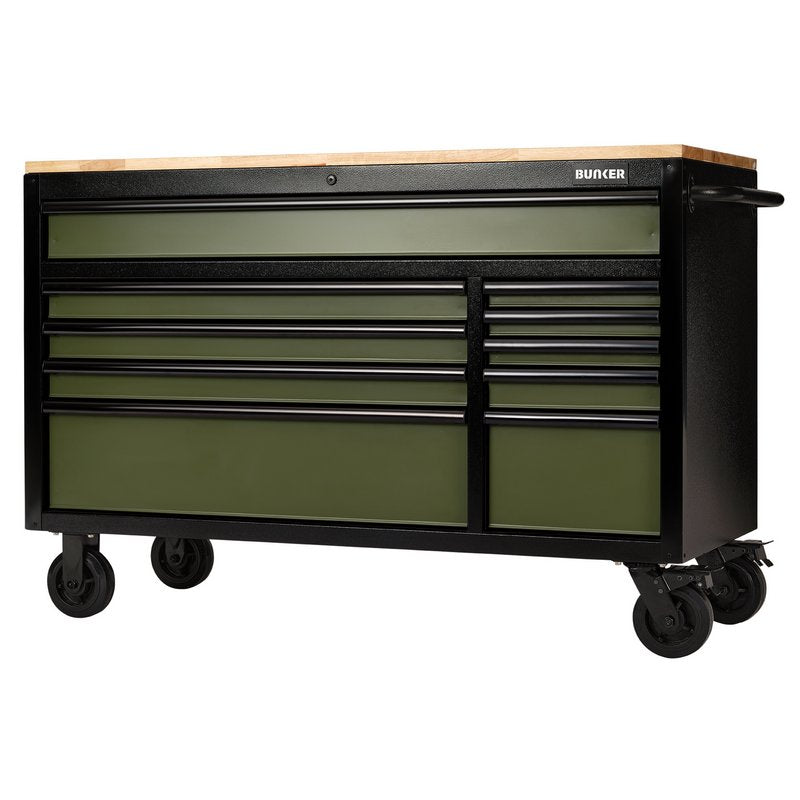 BUNKER® 10 Drawer Workbench Roller Tool Cabinet, 56", Green