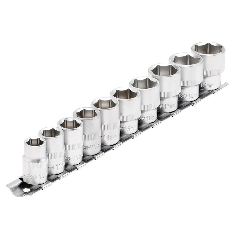 Socket Set on Metal Rail, 3/8" Sq. Dr. (10 Piece)