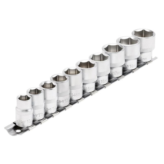 Socket Set on Metal Rail, 3/8" Sq. Dr. (10 Piece)