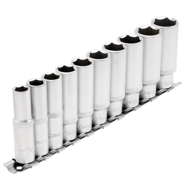 Deep Socket Set on Metal Rail, 3/8" Sq. Dr. (10 Piece)