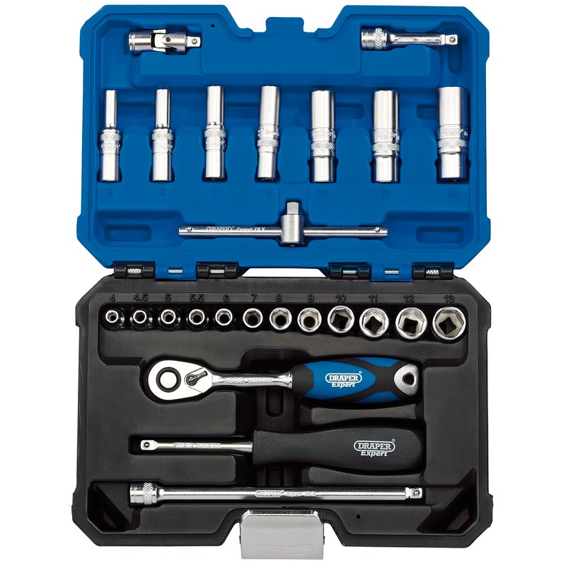 Draper Expert Metric Socket Set, 1/4" Sq. Dr., Blue (25 Piece)