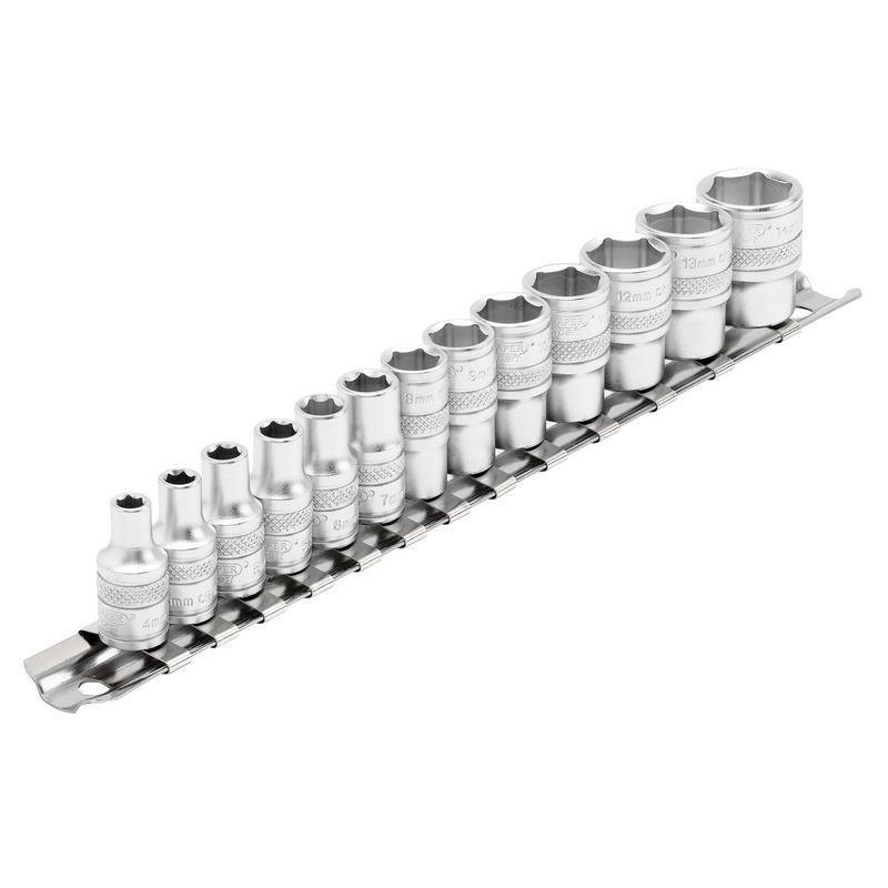 Draper Expert Metric Socket Set on a Metal Rail, 1/4" Sq. Dr. (13 Piece)