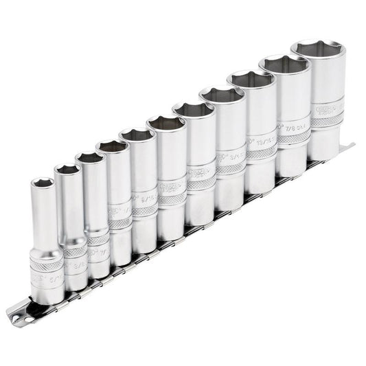 Draper Expert Imperial Deep Socket Set on a Metal Rail, 3/8" Sq. Dr. (11 Piece)