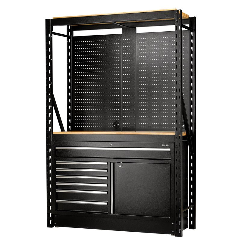 BUNKER® 14 Piece Modular Storage Combo 2 Tier Racking with Hardwood Shelving, Pegboards and Floor Cabinet, 1500mm