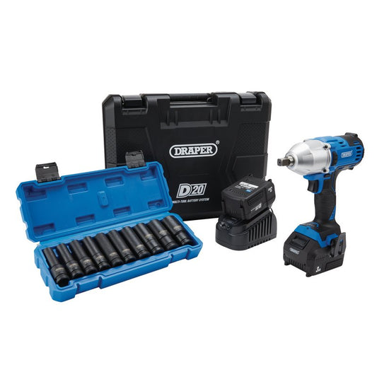 D20 20V Brushless Mid-Torque Impact Wrench Kit, 1/2" Sq. Dr, 400Nm, & Metric Deep Impact Socket Set (10 Piece)