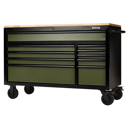 BUNKER® 10 Drawer Workbench Roller Tool Cabinet, 56", Green
