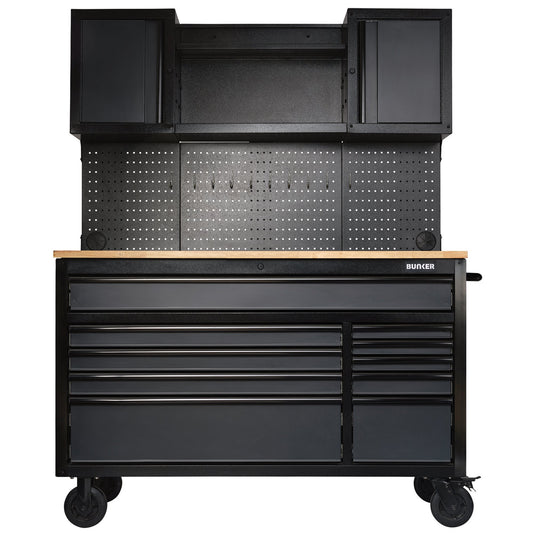 BUNKER® 10 Drawer Roller Workstation with Workbench, 56", Grey