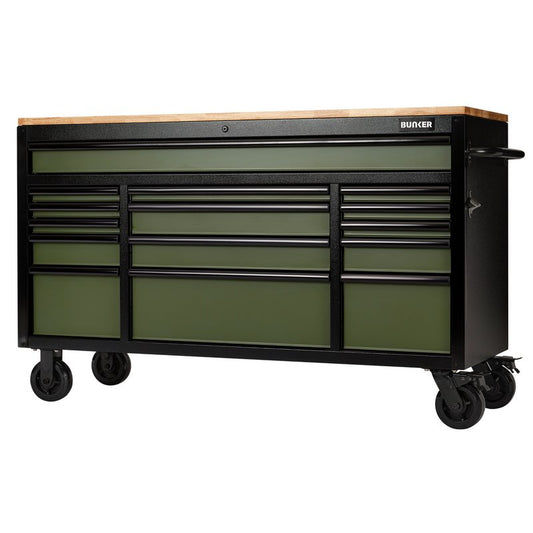 BUNKER® 15 Drawer Workbench Roller Tool Cabinet, 61", Green - Discontinued