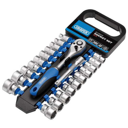 Combined MM/AF Socket and Ratchet Set, 3/8" Sq. Dr. (22 Piece)