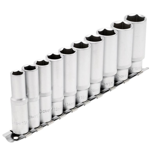 Deep Socket Set on Metal Rail, 3/8" Sq. Dr. (10 Piece)