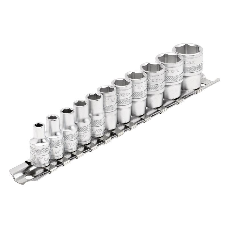 Draper Expert Imperial Socket Set on a Metal Rail, 1/4" Sq. Dr. (11 Piece)
