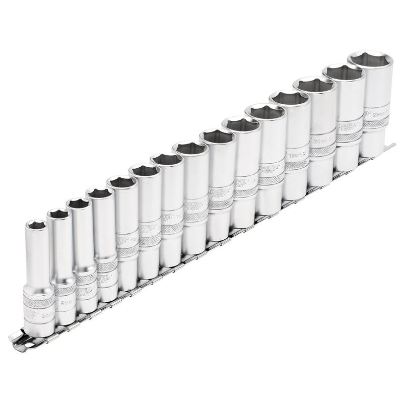Draper Expert Metric Deep Socket Set on a Metal Rail, 3/8" Sq. Dr. (15 Piece)