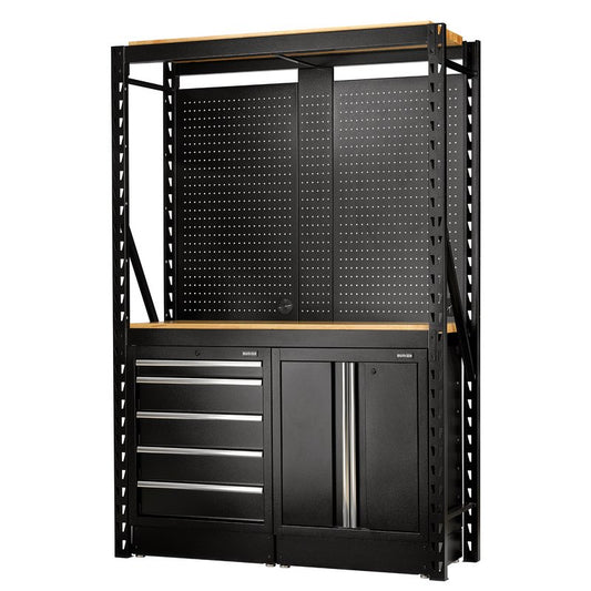 BUNKER® 15 Piece Modular Storage Combo 2 Tier Racking with Hardwood Shelving, Pegboards and Floor Cabinets, 1500mm