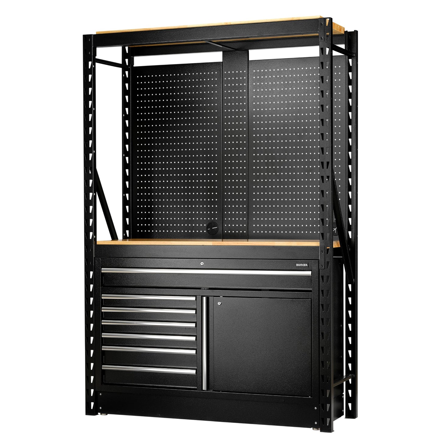 BUNKER® 14 Piece Modular Storage Combo 2 Tier Racking with Pegboards and Floor Cabinet, 1500mm