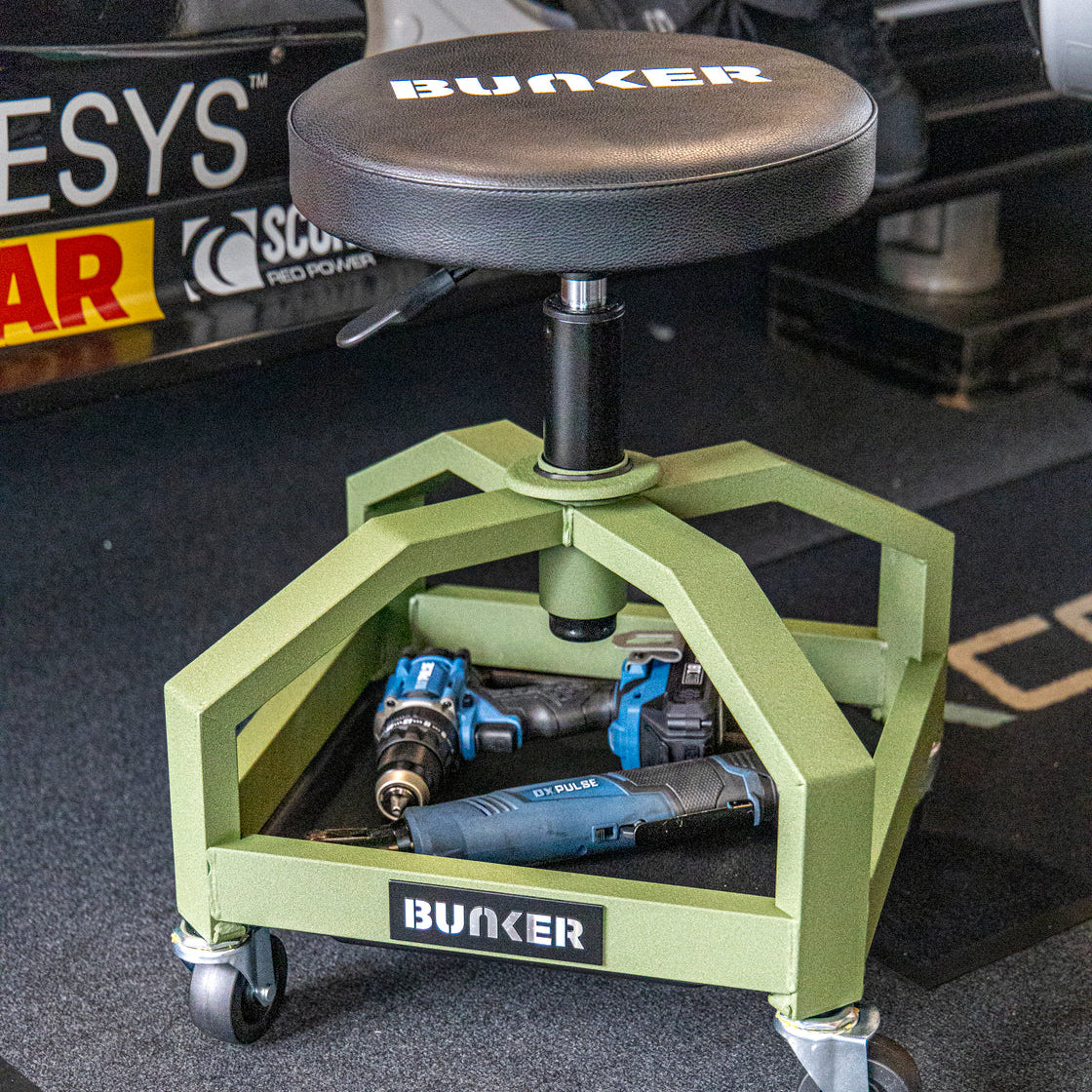 The BUNKER Adjustable Work Stool with tools below