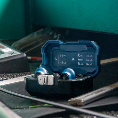 Close up of the DXPULSE Noise Isolating Earbuds with Charging Case