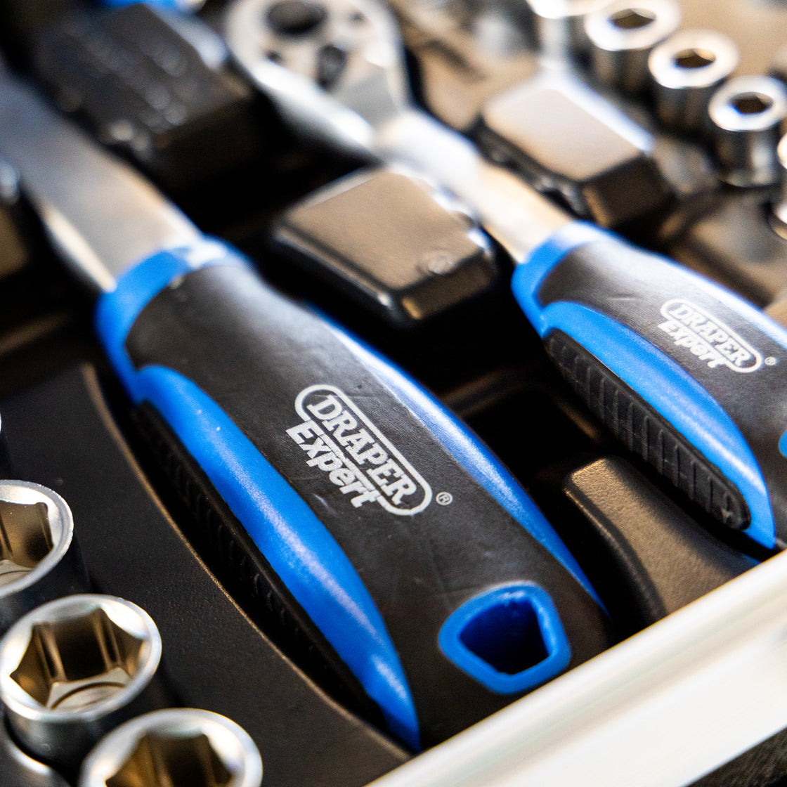 Close up on the tools in the Draper Expert Mechanics Tool Kit
