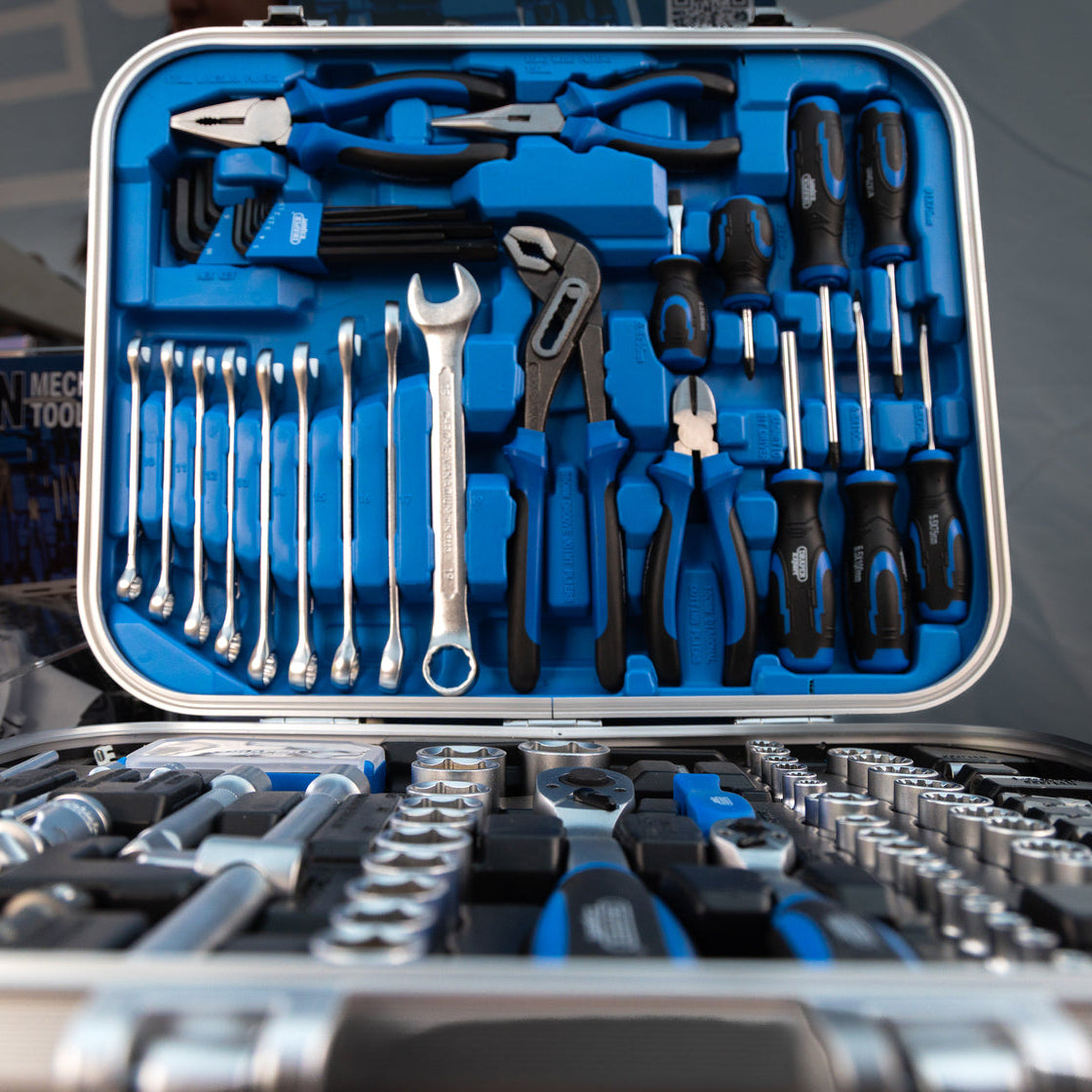 Draper Expert Mechanics Tool Kit case filled with a comprehensive socket wrench and hand tool set