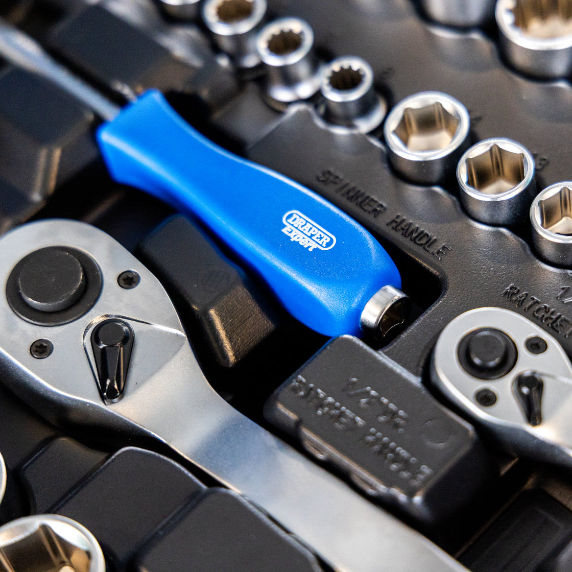A close-up of a socket wrench set in the black Draper Expert Mechanics Tool Kit