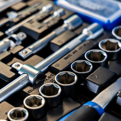 Close-up of a socket wrench and socket set in a black plastic tray in the Draper Expert Mechanics Tool Kit