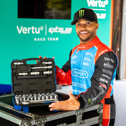 Nic Hamilton holding the socket set of the Draper Expert Mechanics Tool Kit