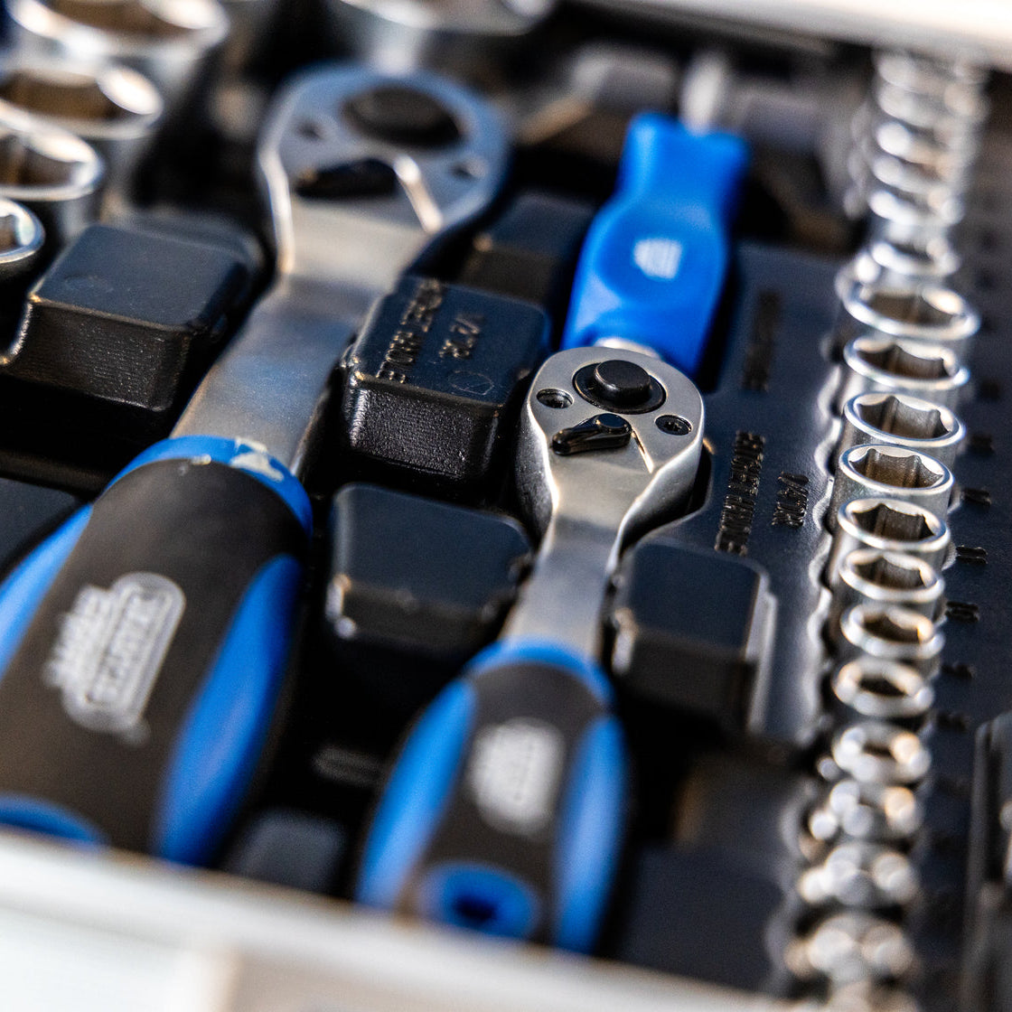 Close-up of a socket wrench tool set inside the Draper Expert Mechanics Tool Kit