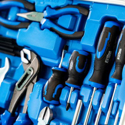 A close-up of a blue and black tool set inside the Draper Expert Mechanics Tool Kit