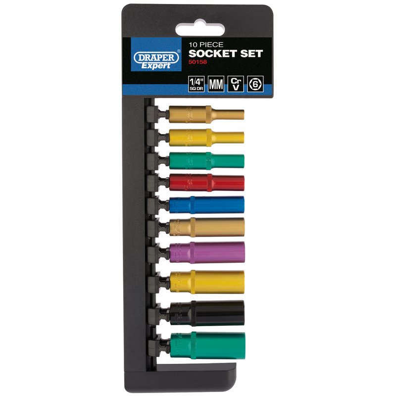 Draper Expert Metric Coloured Deep Socket Set, 1/4" Sq. Dr. (10 Piece)