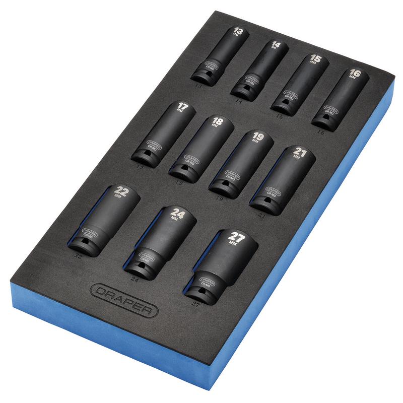 Draper HI-TORQ® Metric Deep Impact Socket Set in EVA Drawer Insert Tray, 1/2" Sq. Dr. (11 Piece)