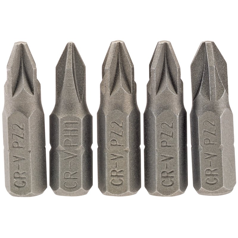 PZ Type Insert Bit, 1/4" Hex, 25mm Long, No.2 (Pack of 5)