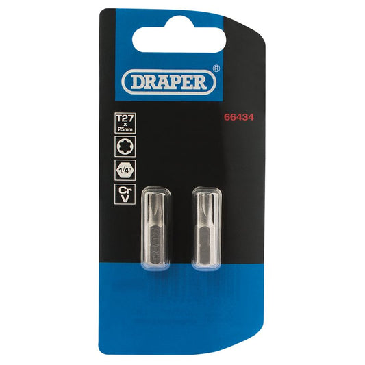 Draper TX-STAR® Insert Bit, 1/4" Hex, 25mm Long, T27 (Pack of 2)