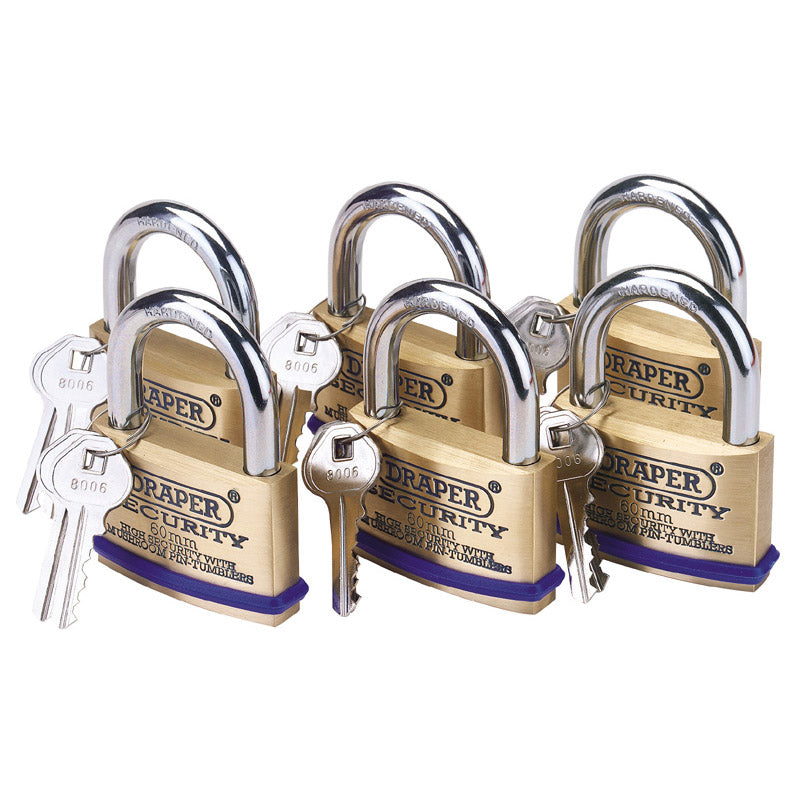 Draper Solid Brass Padlocks with Hardened Steel Shackle, 60mm (Pack of 6)