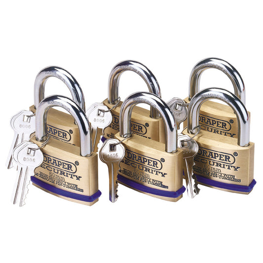 Draper Solid Brass Padlocks with Hardened Steel Shackle, 60mm (Pack of 6)