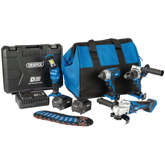 Draper D20 20V Workshop Kit, 1 x 3.0Ah Battery, 1 x 4.0Ah Battery, 1 x Fast Charger (19 Piece)