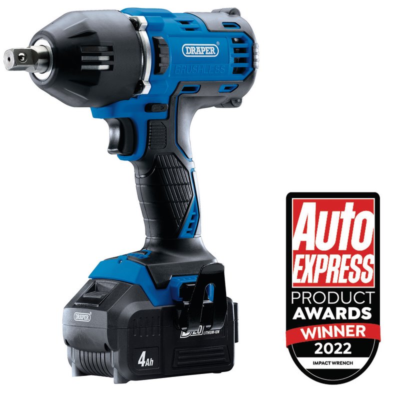 Draper D20 20V Brushless Mid-Torque Impact Wrench, 1/2" Sq. Dr., 400Nm, 2 x 4.0Ah Batteries, 1 x Charger