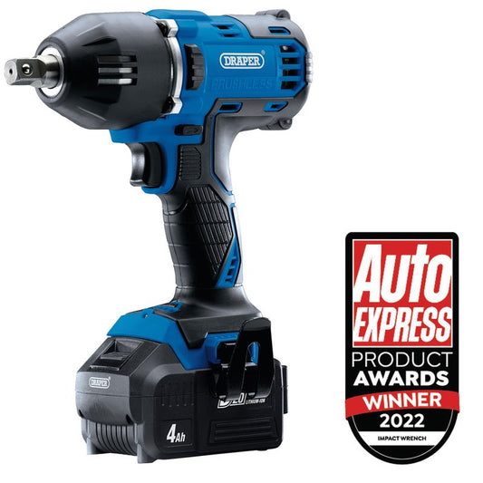 Draper D20 20V Brushless Mid-Torque Impact Wrench, 1/2" Sq. Dr., 400Nm, 2 x 4.0Ah Batteries, 1 x Charger