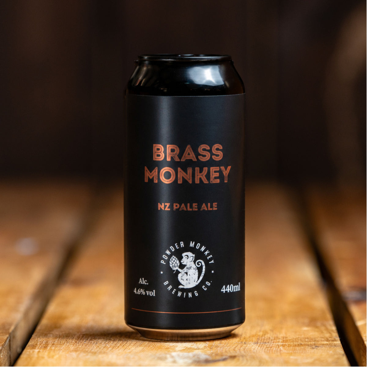 A 440ml can of Brass Monkey NZ Pale Ale by Powder Monkey Brewing