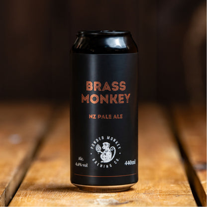 A 440ml can of Brass Monkey NZ Pale Ale by Powder Monkey Brewing