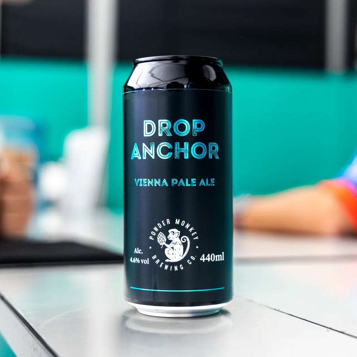 A black aluminum can of Drop Anchor Vienna Pale Ale