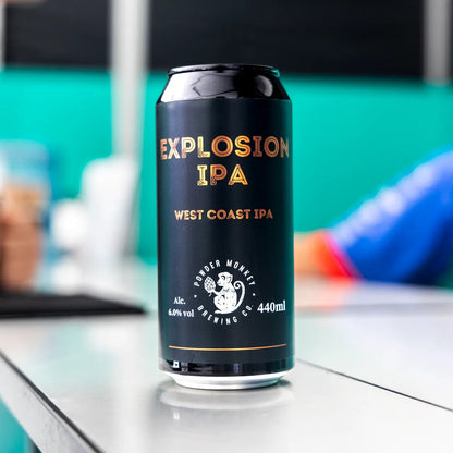A black can of Explosion IPA West Coast IPA beer