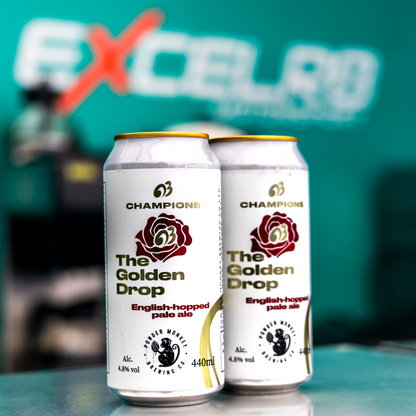 Two cans of CHAMPIONS The Golden Drop pale ale English-hopped pale ale