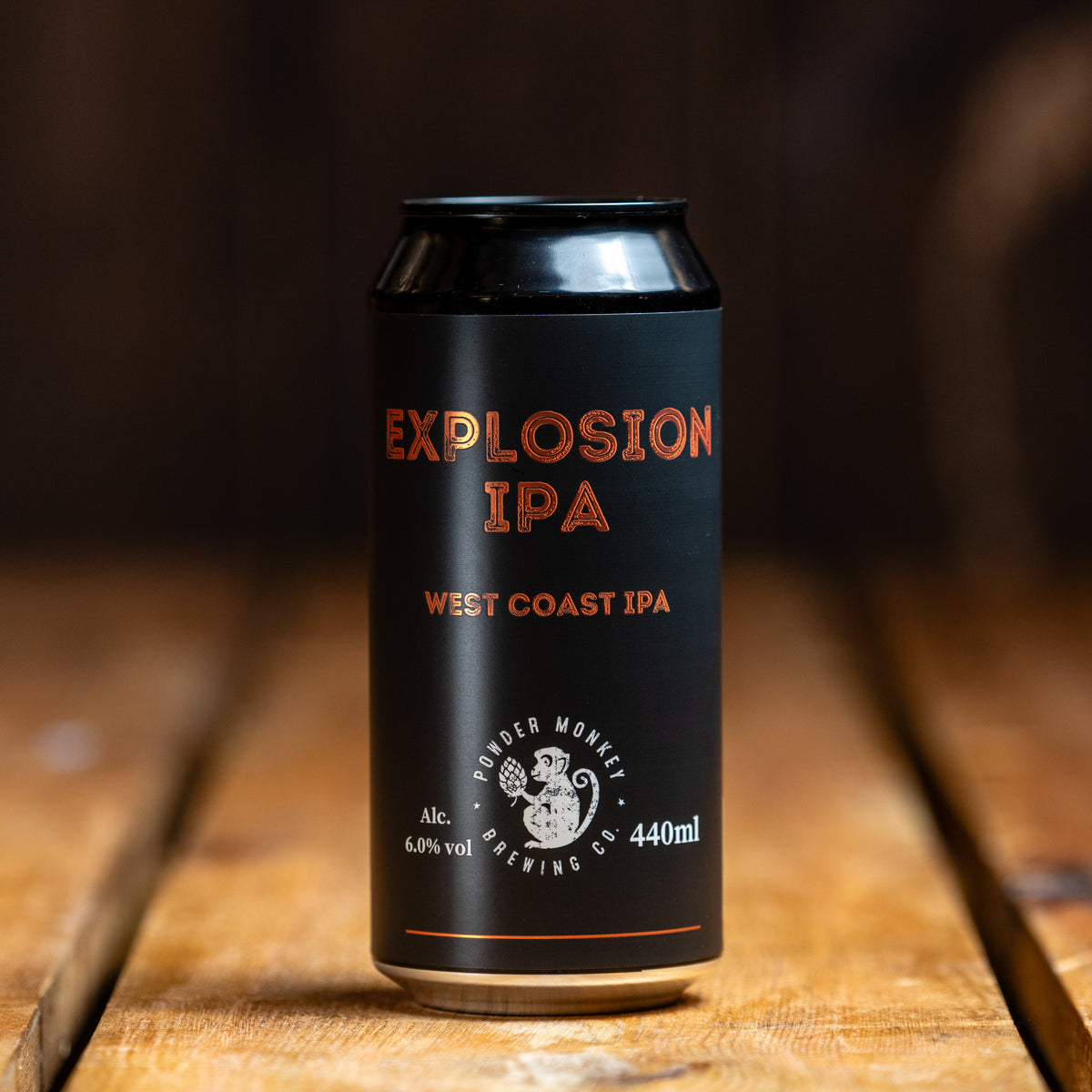 A 440ml can of Explosion IPA West Coast IPA by Powder Monkey Brewing Co
