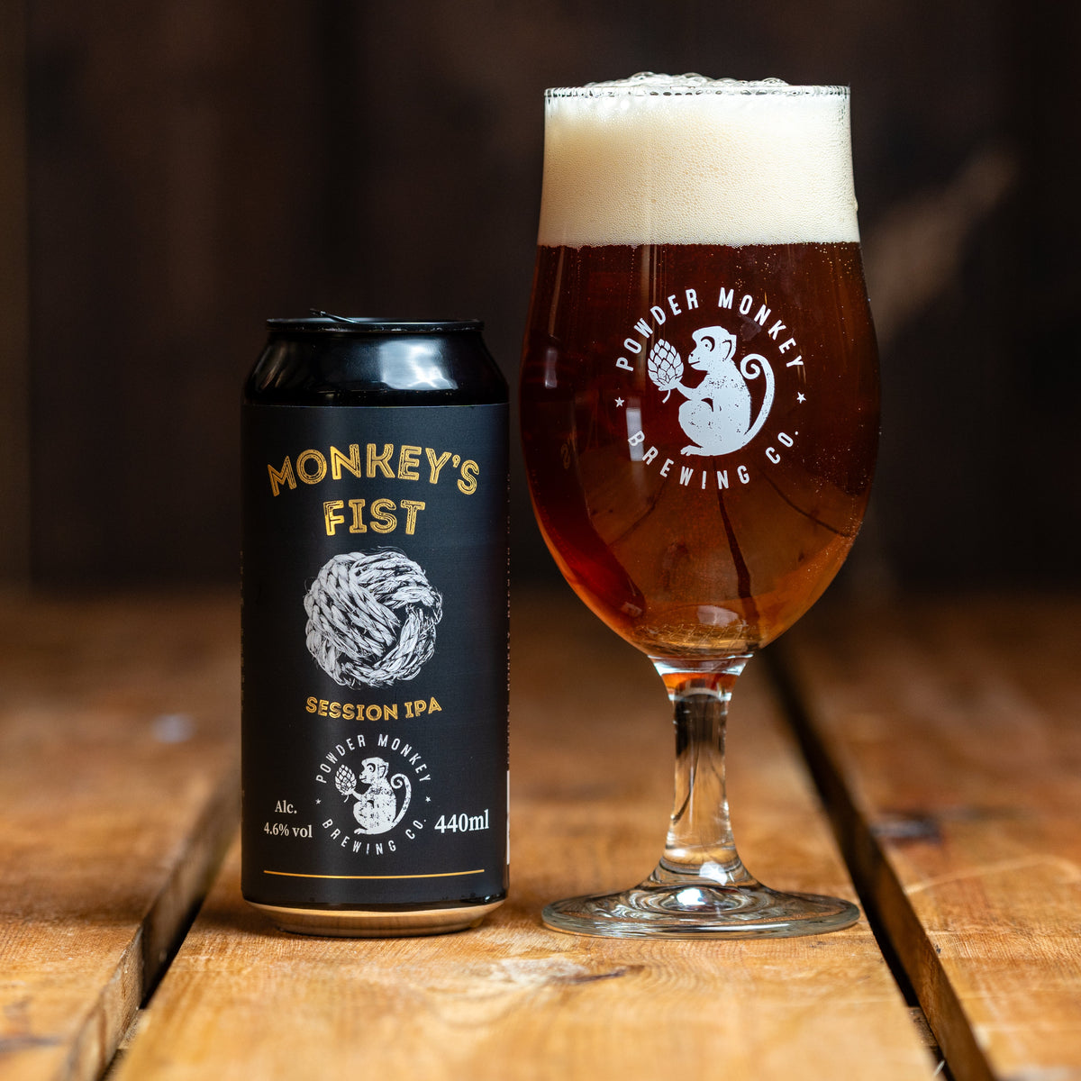 A black can of Powder Monkey Brewing Co. Monkey's Fist Session IPA beer